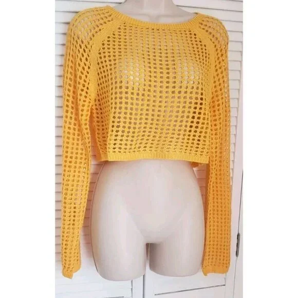 NEW LOVE TREE PASTEL ORANGE OPEN KNIT LONG SLEEVE CROP TOP SZ MEDIUM - Picture 2 of 5